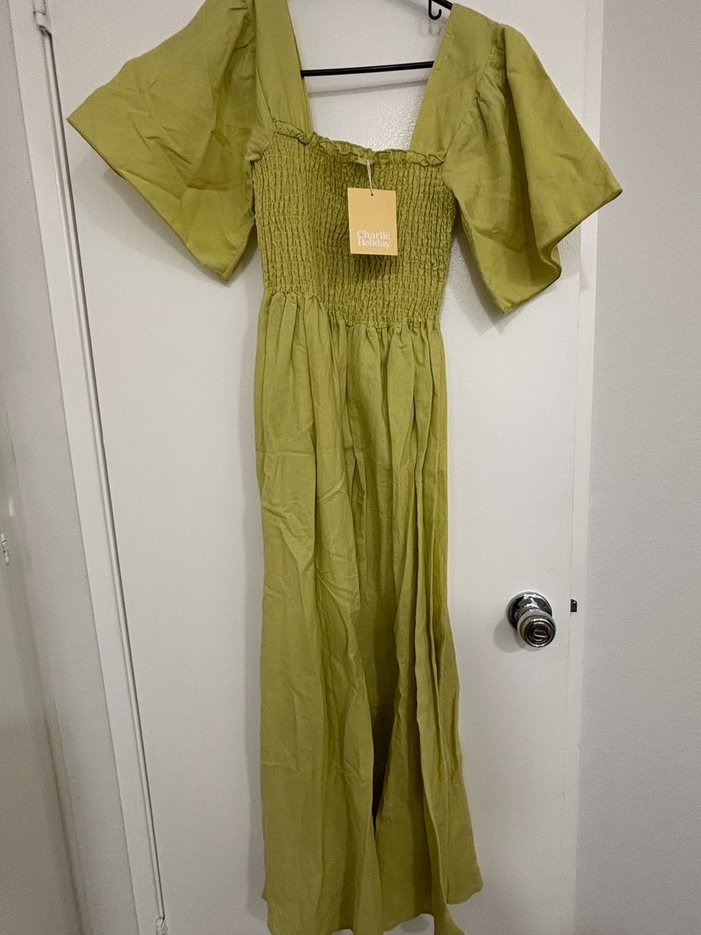 Charlie Holiday Olive Green Smocked Maxi Dress with Puff Sleeves